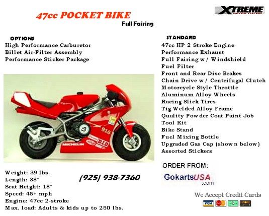 Xtreme 47cc Full Fairing Pocket Bike